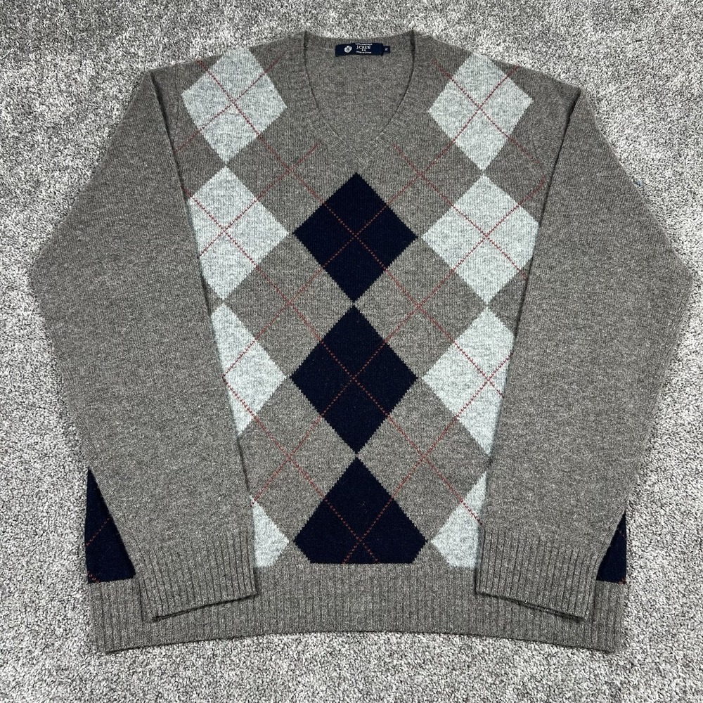 J.Crew Men's XL Lambswool Argyle Sweater Gray Blue Knit Diamond Plaid V-Neck